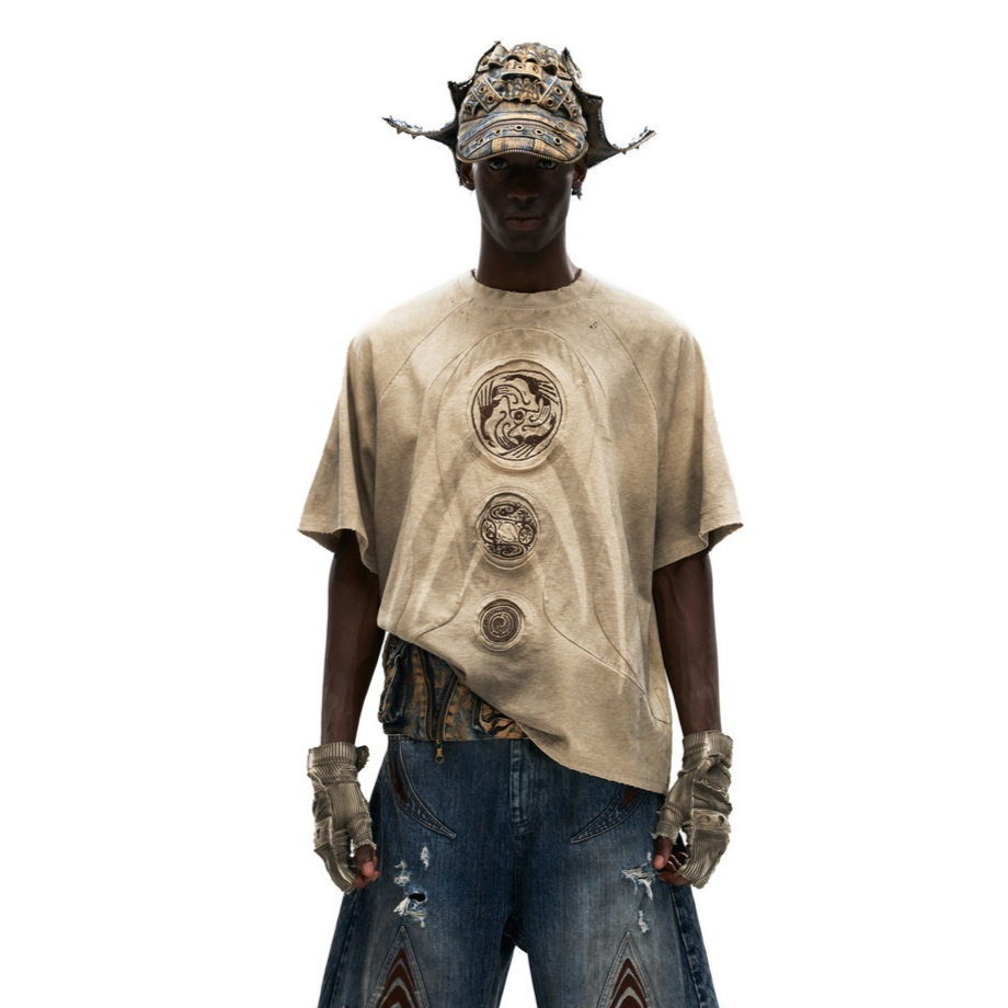 Casual Embroidered Earth-Tone T-Shirt