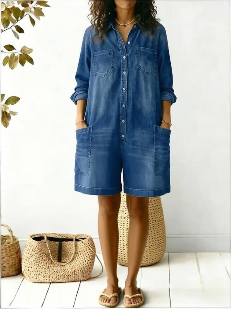 Women's faux denim print jumpsuit shorts – light blue loose fit casual romper