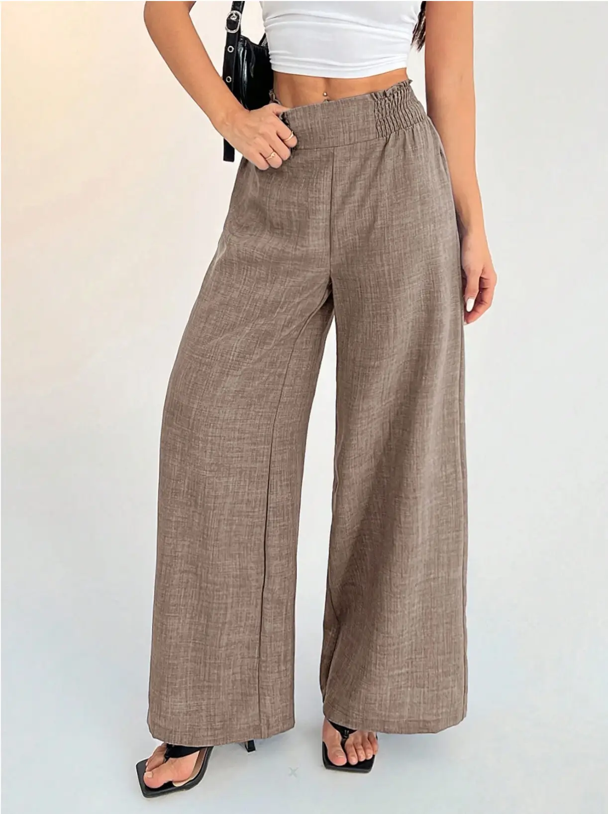 Solid Color Smocking Elastic Wide-leg Pants