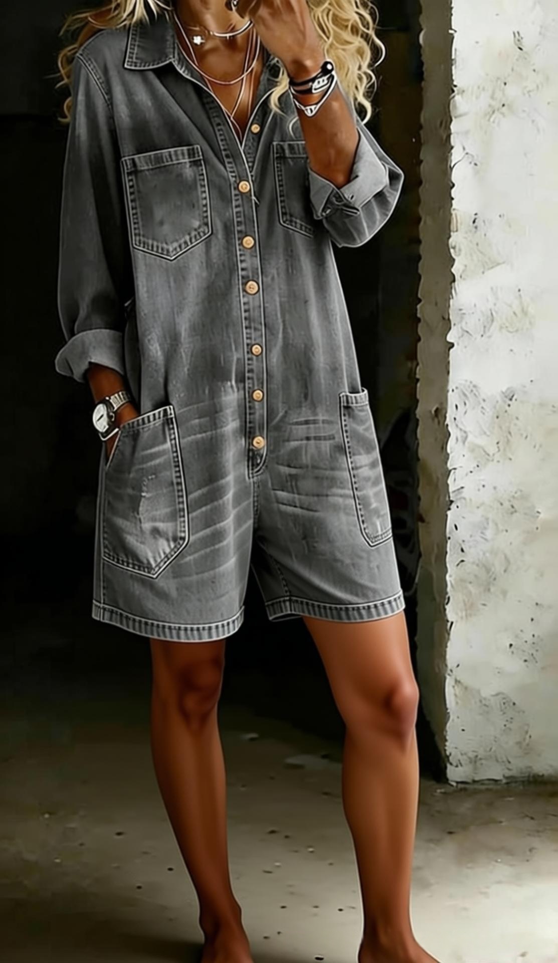 Women's faux denim print romper in white – loose fit long sleeve jumpsuit shorts