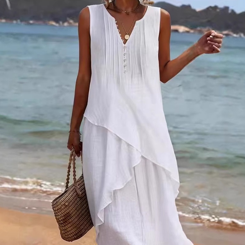 New Women's Solid-Color V-Neck Dress