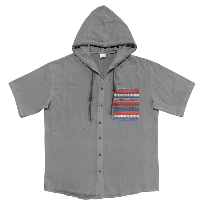 Linen Mens Short-sleeve Lightweight Loose-fitting Hooded T-shirt