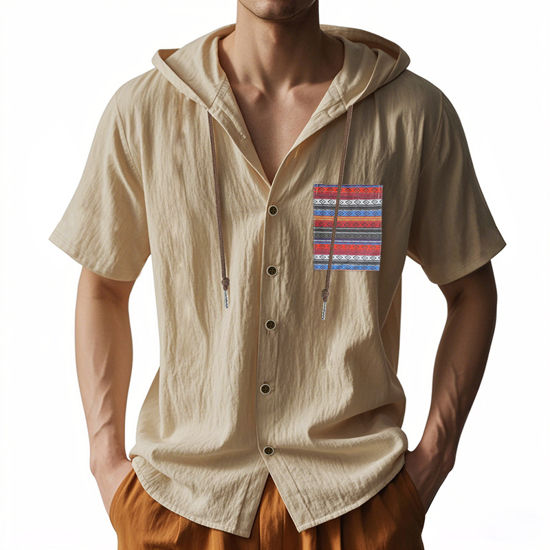 Linen Mens Short-sleeve Lightweight Loose-fitting Hooded T-shirt