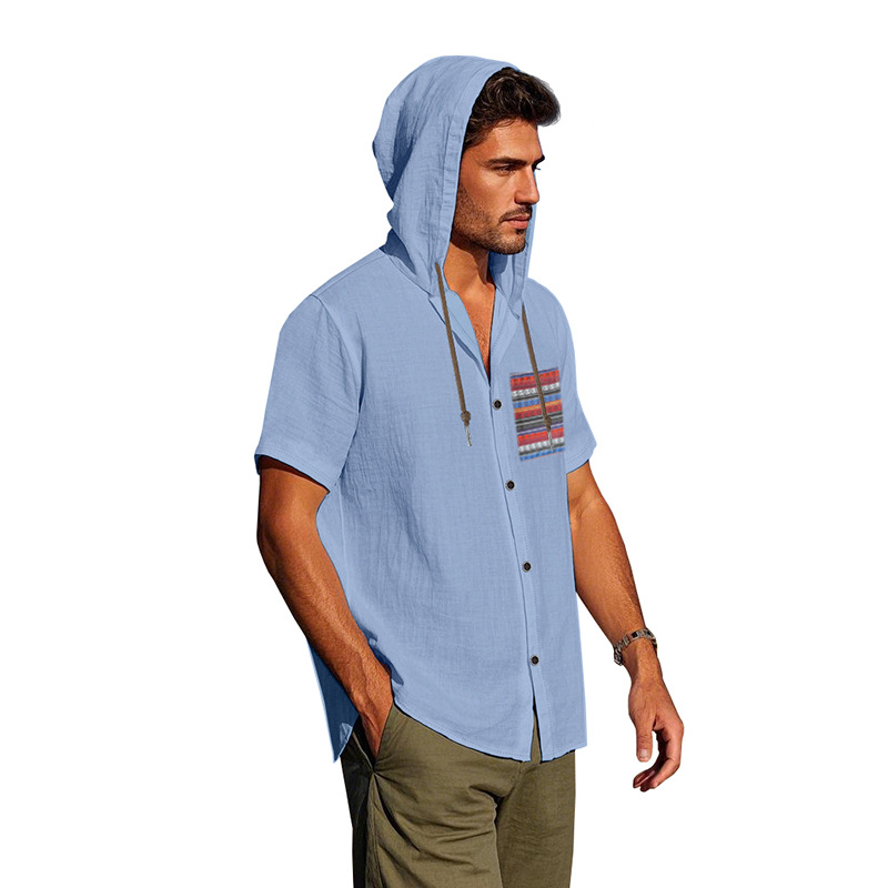 Linen Mens Short-sleeve Lightweight Loose-fitting Hooded T-shirt