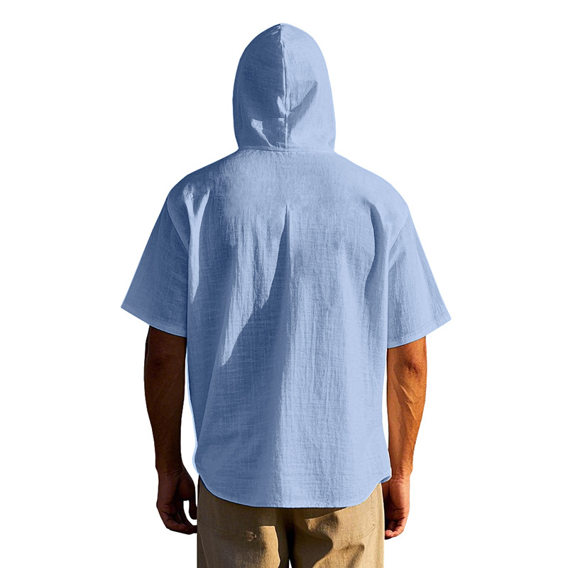 Linen Mens Short-sleeve Lightweight Loose-fitting Hooded T-shirt