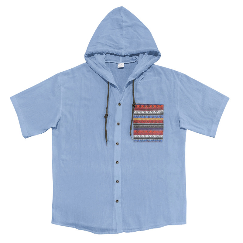 Linen Mens Short-sleeve Lightweight Loose-fitting Hooded T-shirt