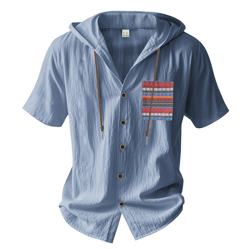 Linen Mens Short-sleeve Lightweight Loose-fitting Hooded T-shirt