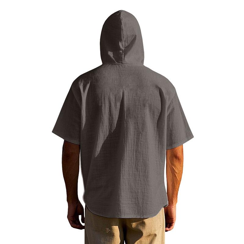 Linen Mens Short-sleeve Lightweight Loose-fitting Hooded T-shirt