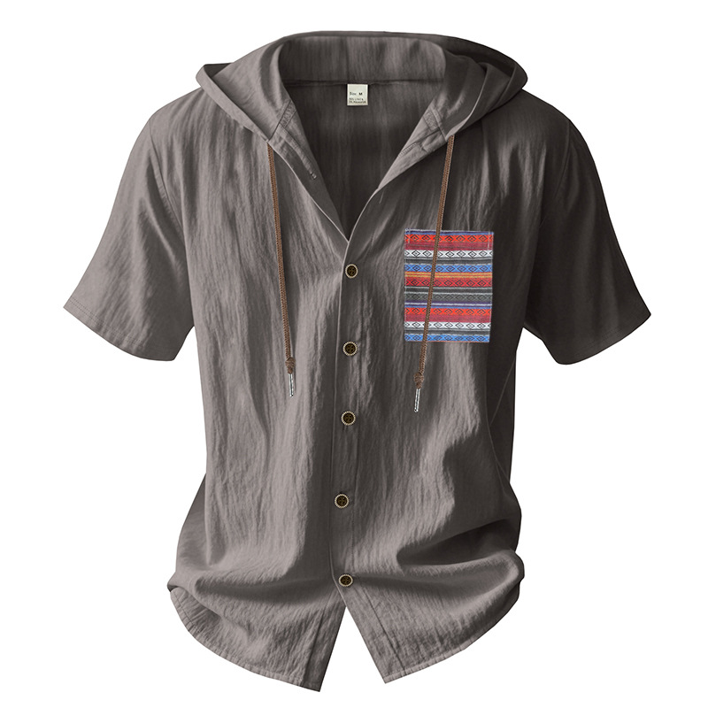 Linen Mens Short-sleeve Lightweight Loose-fitting Hooded T-shirt