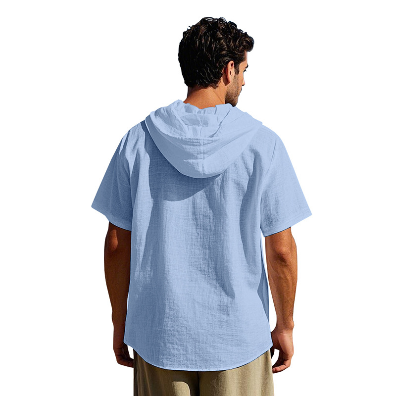 Linen Mens Short-sleeve Lightweight Loose-fitting Hooded T-shirt