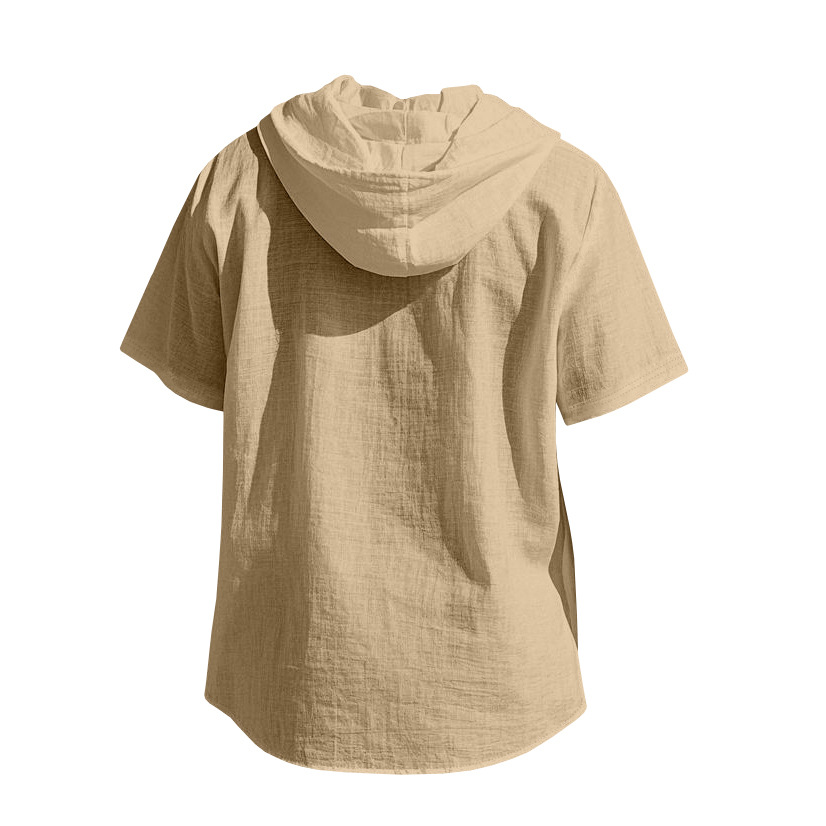 Linen Mens Short-sleeve Lightweight Loose-fitting Hooded T-shirt