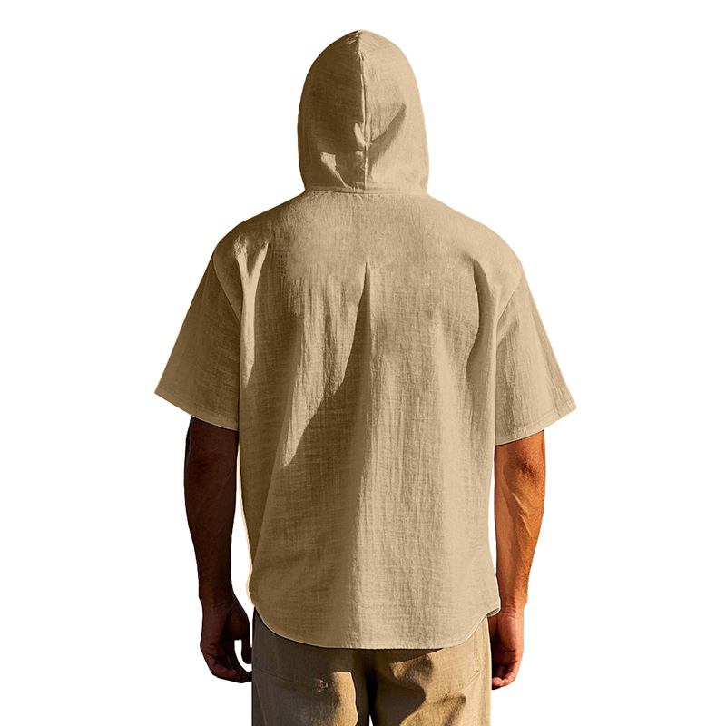 Linen Mens Short-sleeve Lightweight Loose-fitting Hooded T-shirt