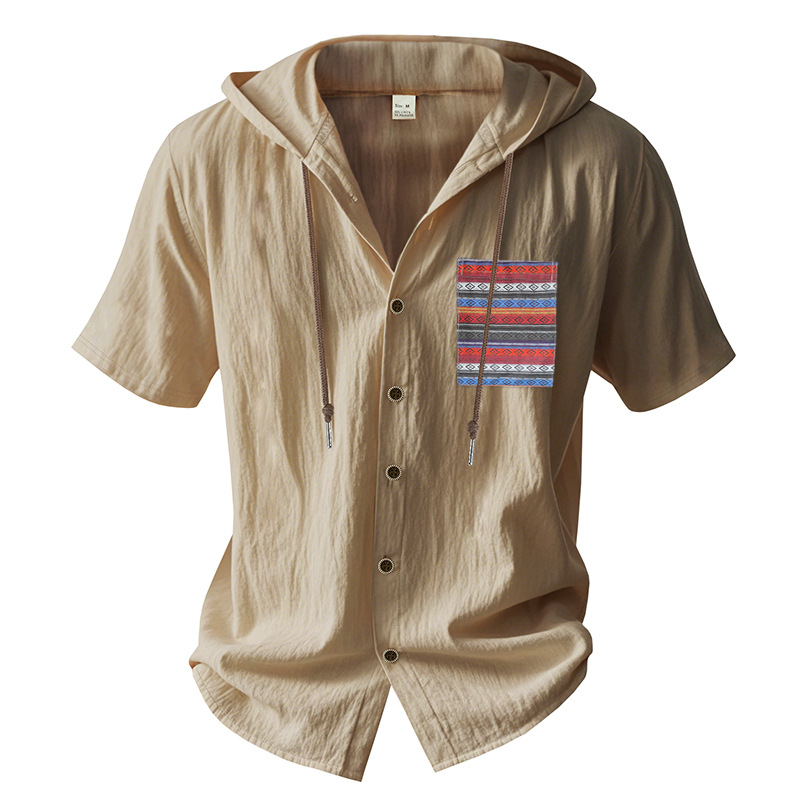 Linen Mens Short-sleeve Lightweight Loose-fitting Hooded T-shirt