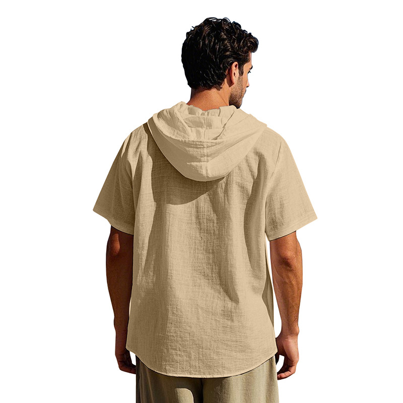 Linen Mens Short-sleeve Lightweight Loose-fitting Hooded T-shirt