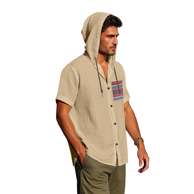 Linen Mens Short-sleeve Lightweight Loose-fitting Hooded T-shirt