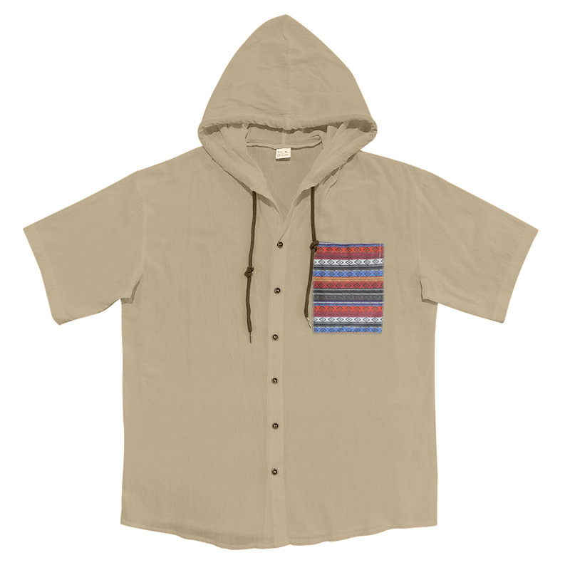 Linen Mens Short-sleeve Lightweight Loose-fitting Hooded T-shirt