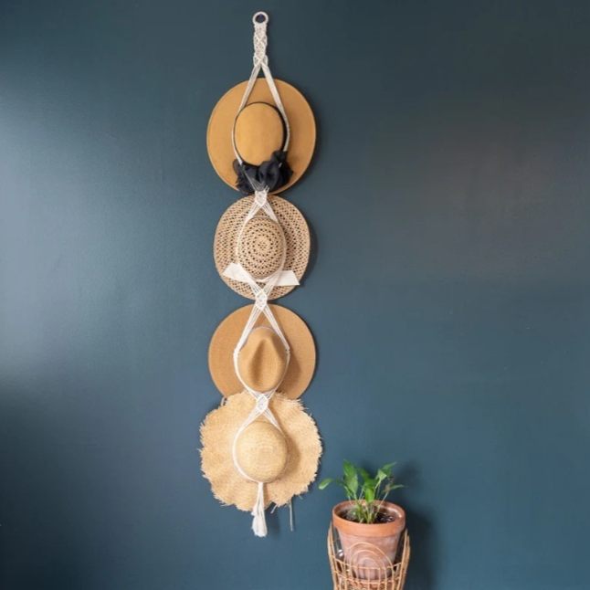 Hat Rack Handwoven Cotton Rope Multi-Tier Wall-Mounted Hat Holder With Tassel Decorations