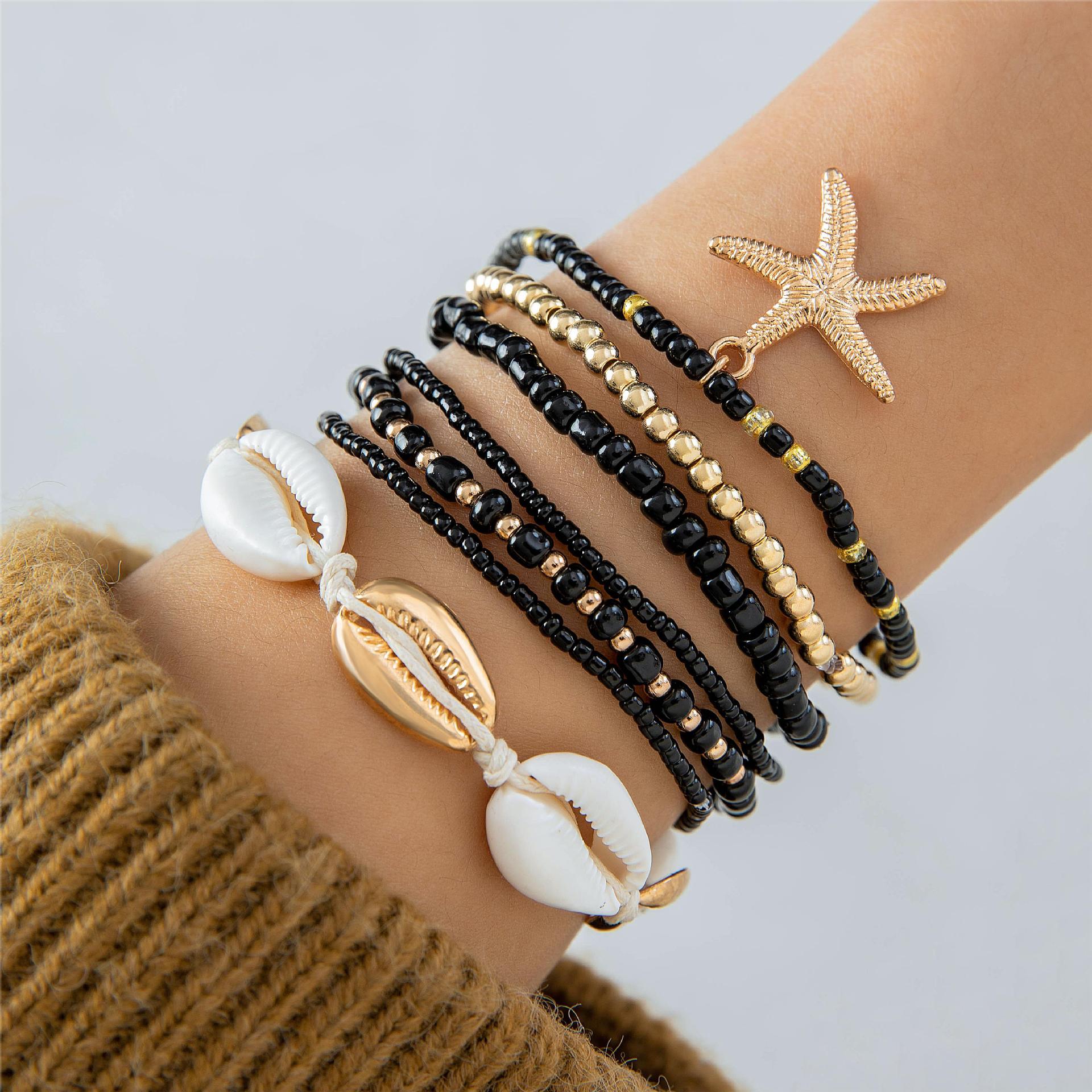 Beach-style Starfish And Rice-bead Bracelet Set Of Seven Pieces
