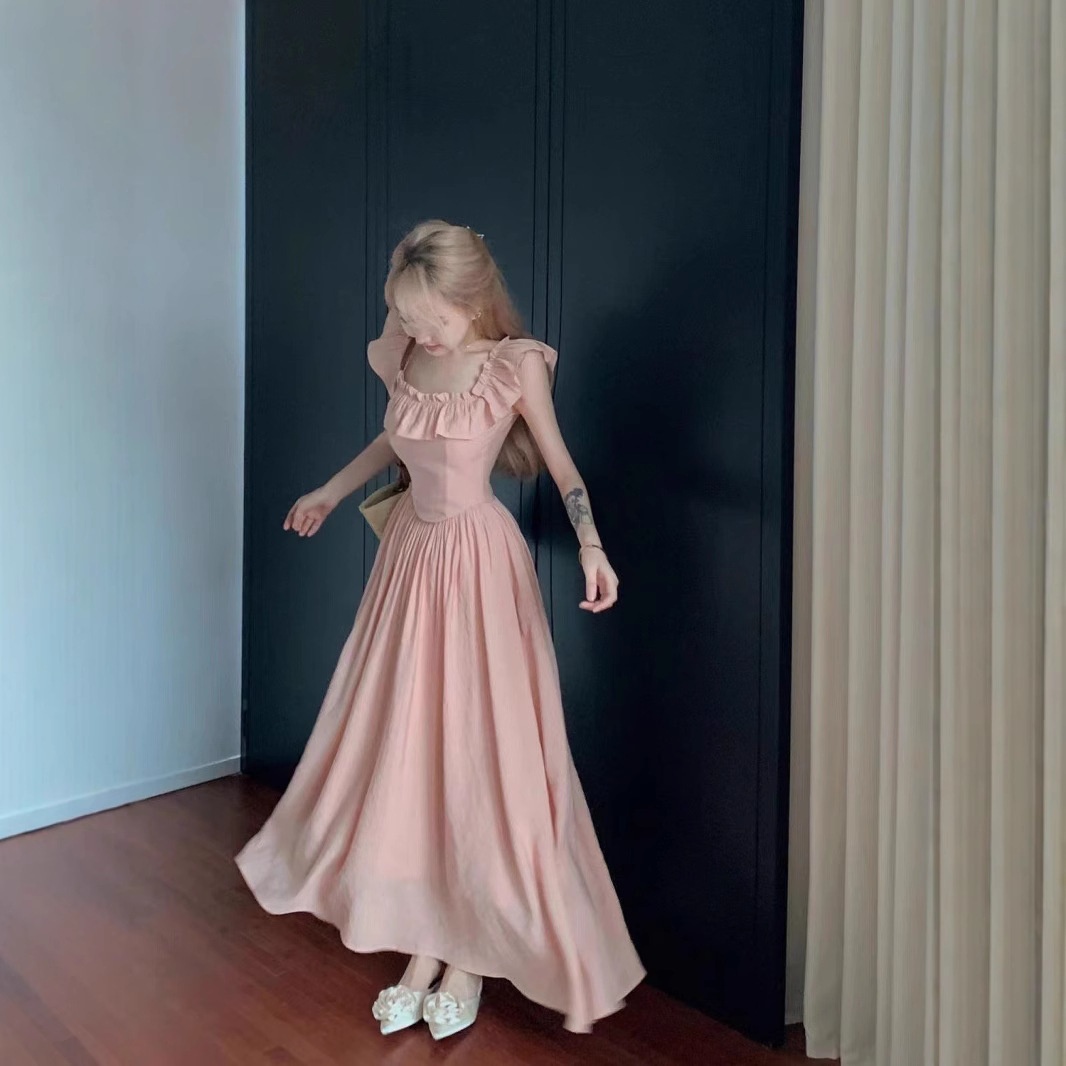 French-style Cap-sleeve Long Beach Dress For Vacation
