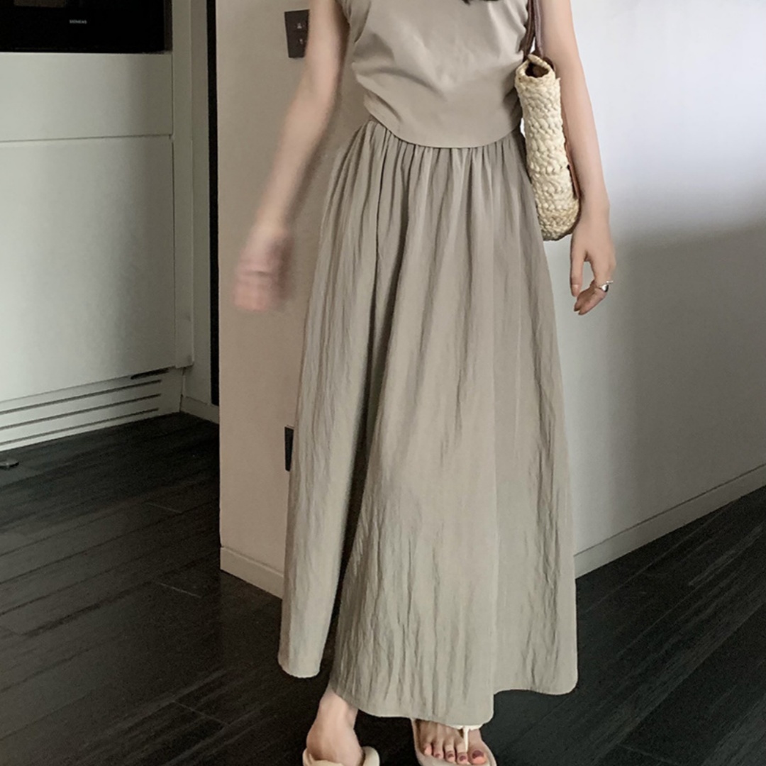 Womens Solid-Color French-Style Mid-Length Retro A-Line Skirt