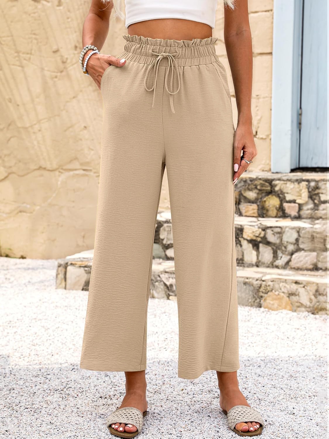 Women's Washed Polyester Wide-Leg Pants – detail shot of fabric texture and lace trim