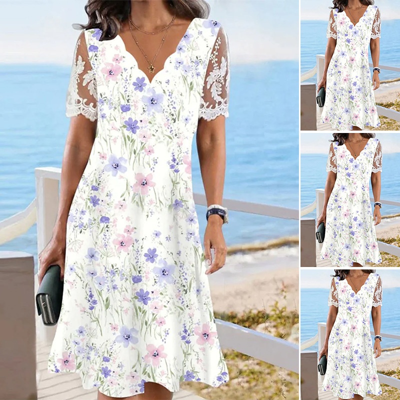 Women's High-Waist Floral Dress – detail shot of flounce neckline and lace trim