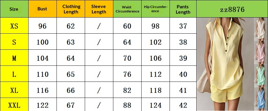 Women's Sleeveless Cardigan Shorts Set – US Size Chart with bust, waist, and hip measurements in inches