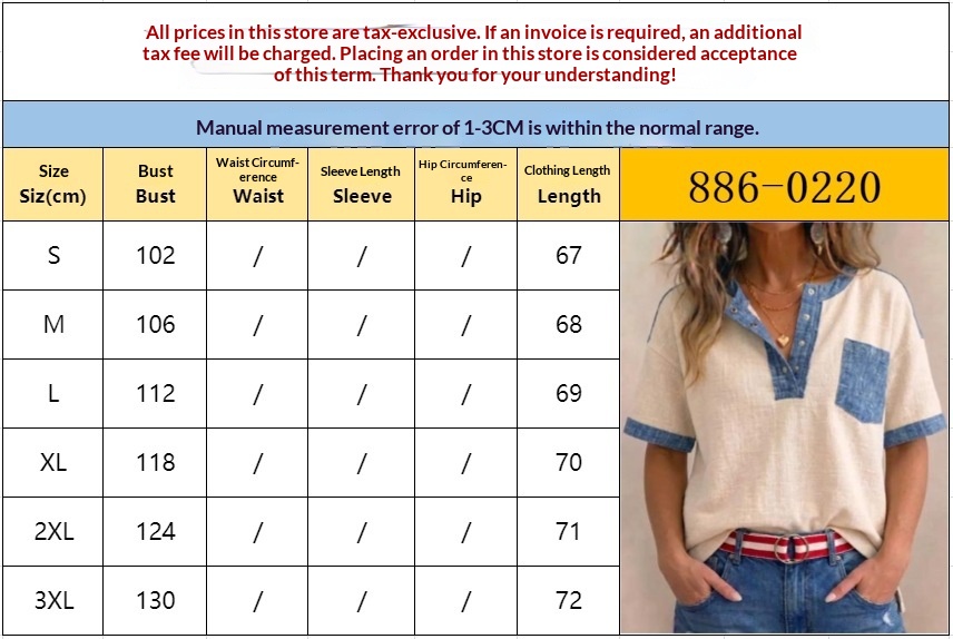 Women's Color-Block Patchwork Top – US Size Chart with bust, waist, and hip measurements in inches