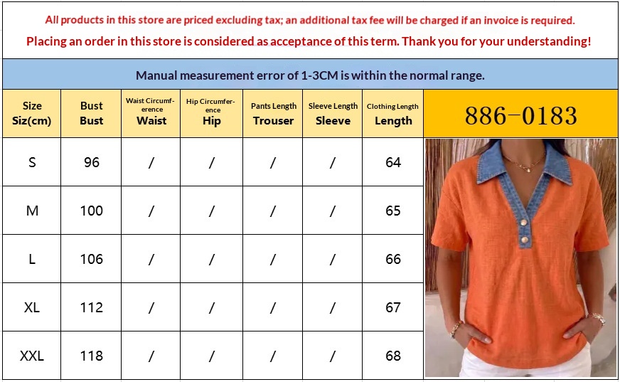 Women's Denim-Trimmed Linen Shirt – US Size Chart with bust, waist, and hip measurements in inches