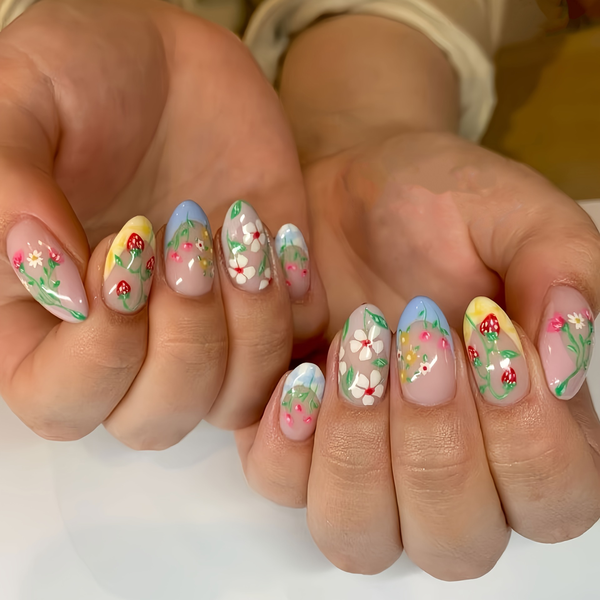 Almond Shaped Strawberry Flower Nail Art