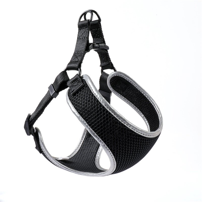 Close-up of reflective vest-style dog harness showing adjustable straps and hardware