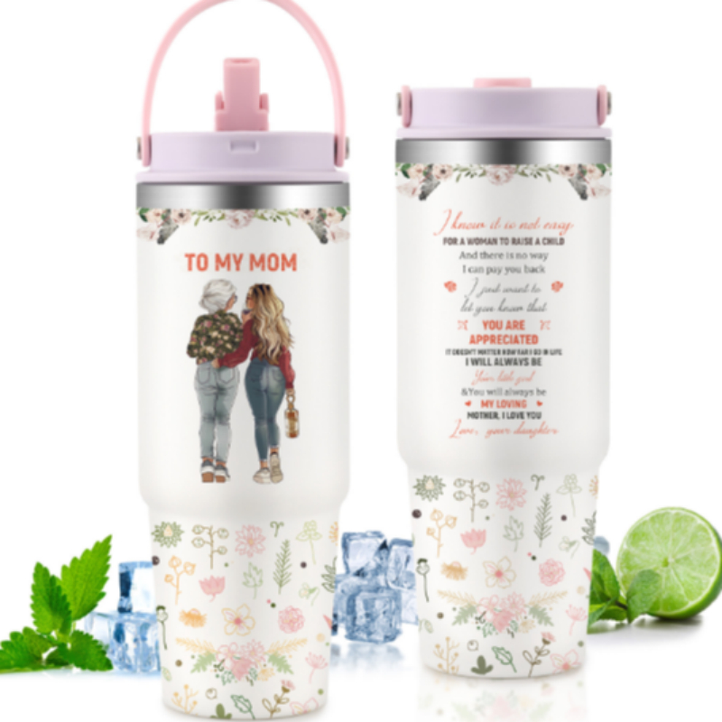 30oz Portable Car Mug Creative Floral Stainless Steel Insulated Cup