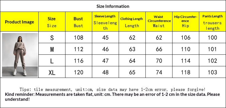 Women's crewneck sweatshirt and jogger pants two-piece set – size chart