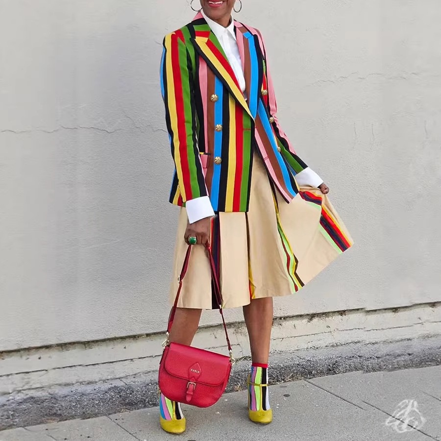 Cross-border European And American Autumn Winter Rainbow Stripe Design Lapel Blazer Women's Outfit