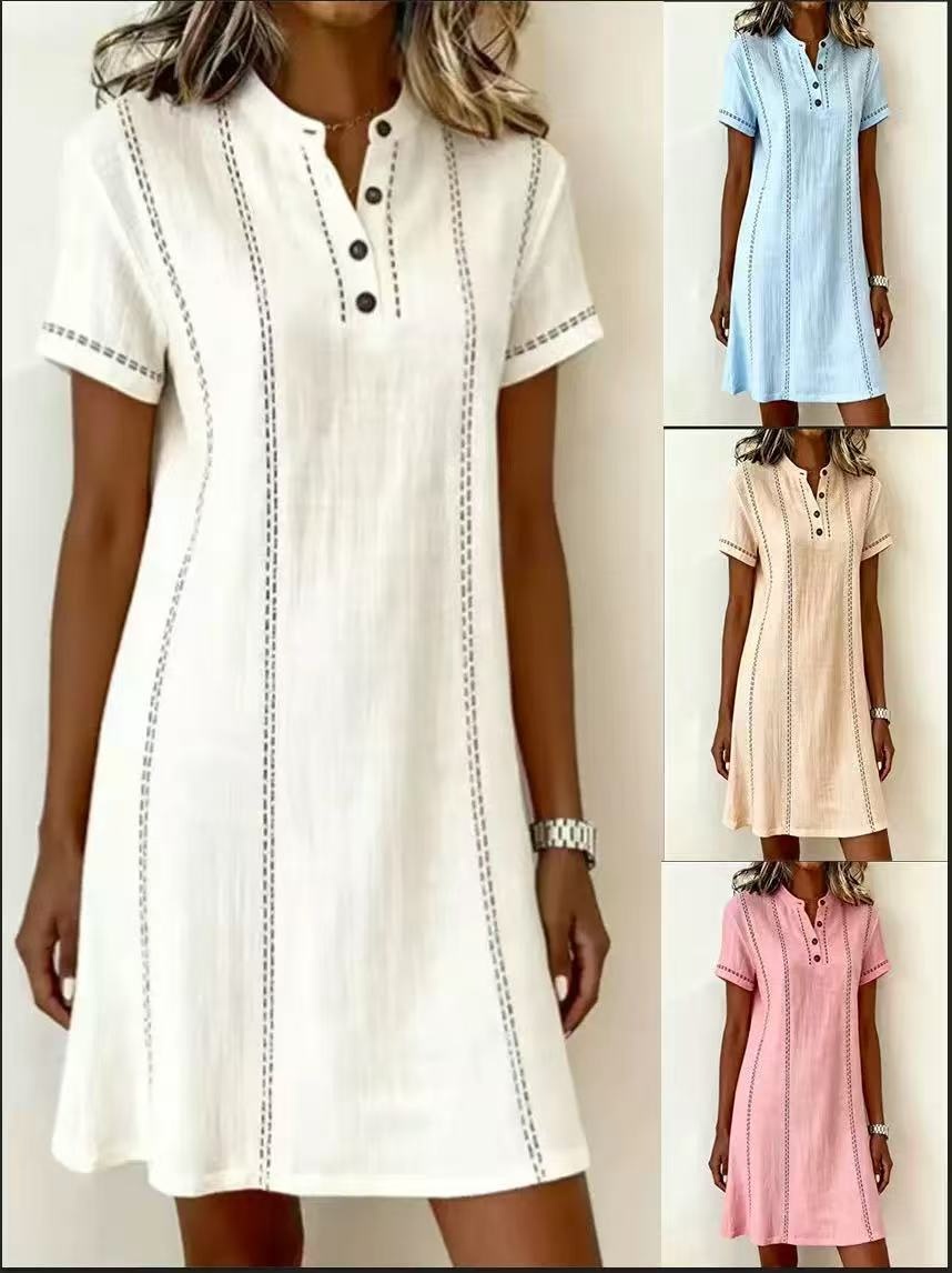Women's button-up stand collar dress in sky blue – back view