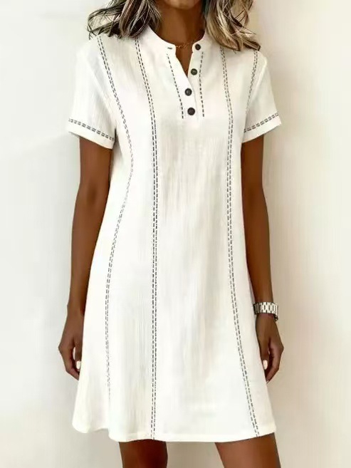 Women's printed button-up stand collar midi dress – front view