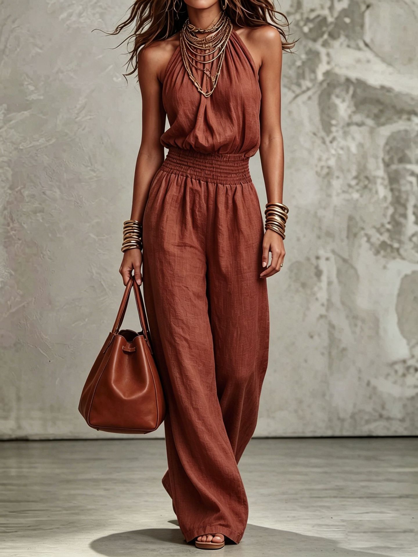 Women's halter jumpsuit in navy blue – lifestyle styling