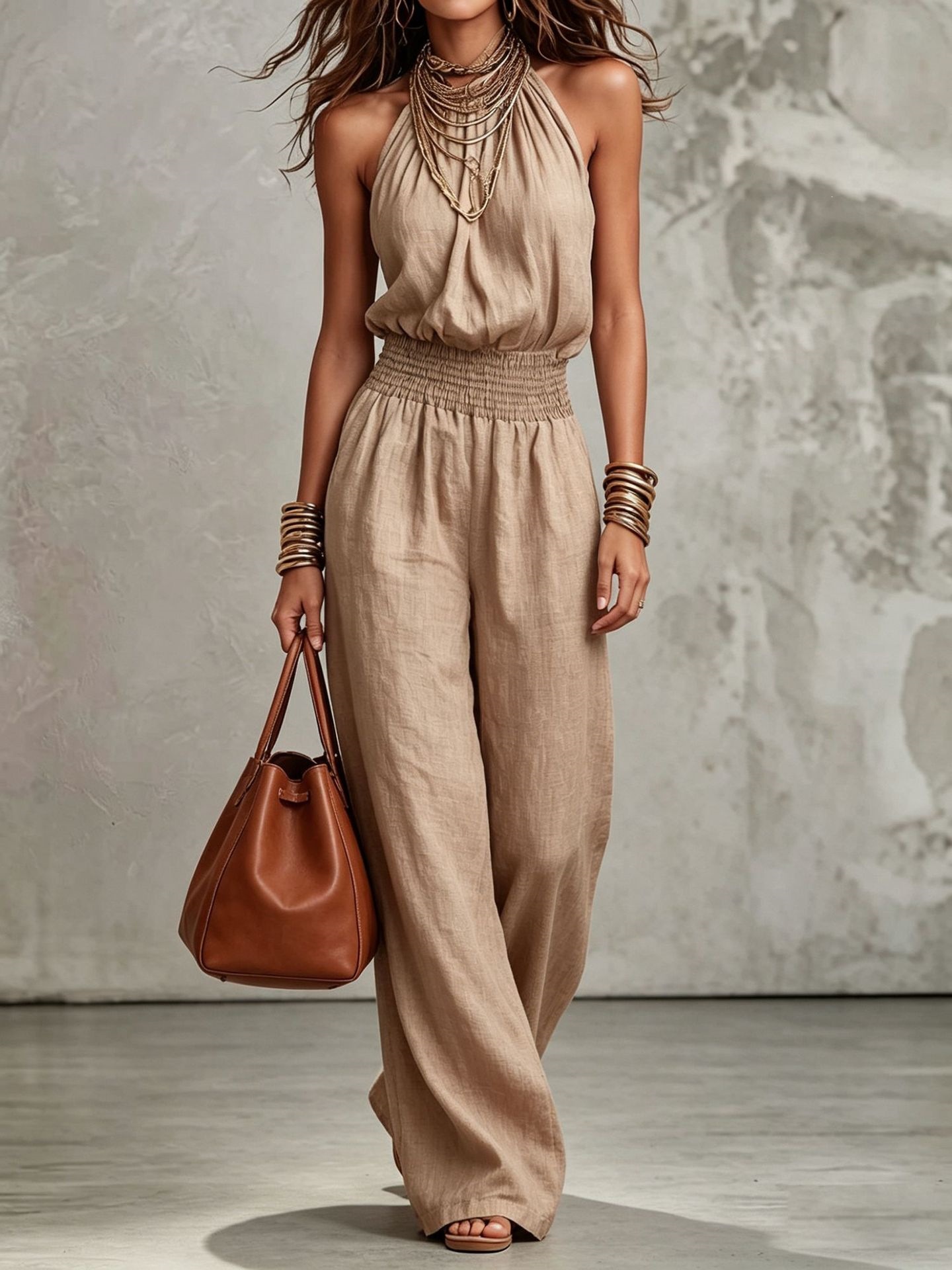 Women's sleeveless backless lace-up halter wide-leg jumpsuit in army green – front view