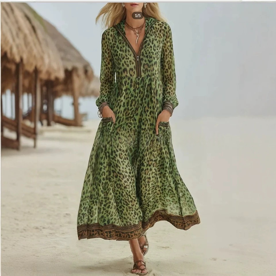 Retro Casual Leopard-Print Hooded Maxi Dress