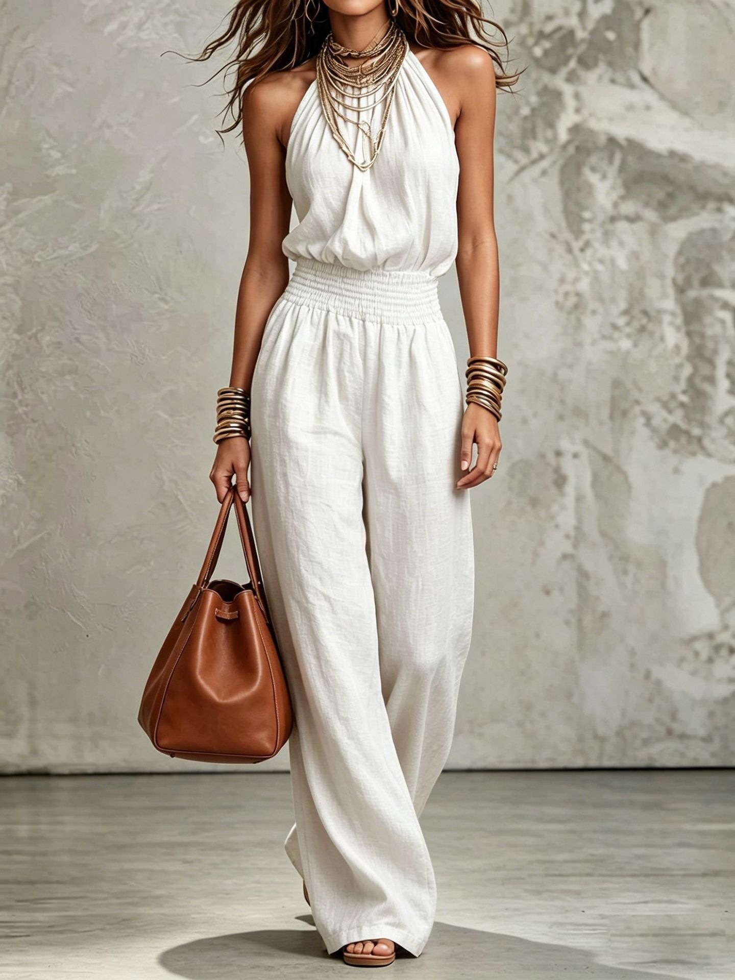 Women's backless lace-up jumpsuit in brown – styled outfit view