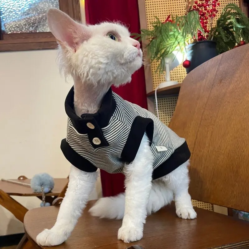 Sphynx Cat Spring Soft Sleeveless T-Shirt, Black and White Striped Fashion Apparel