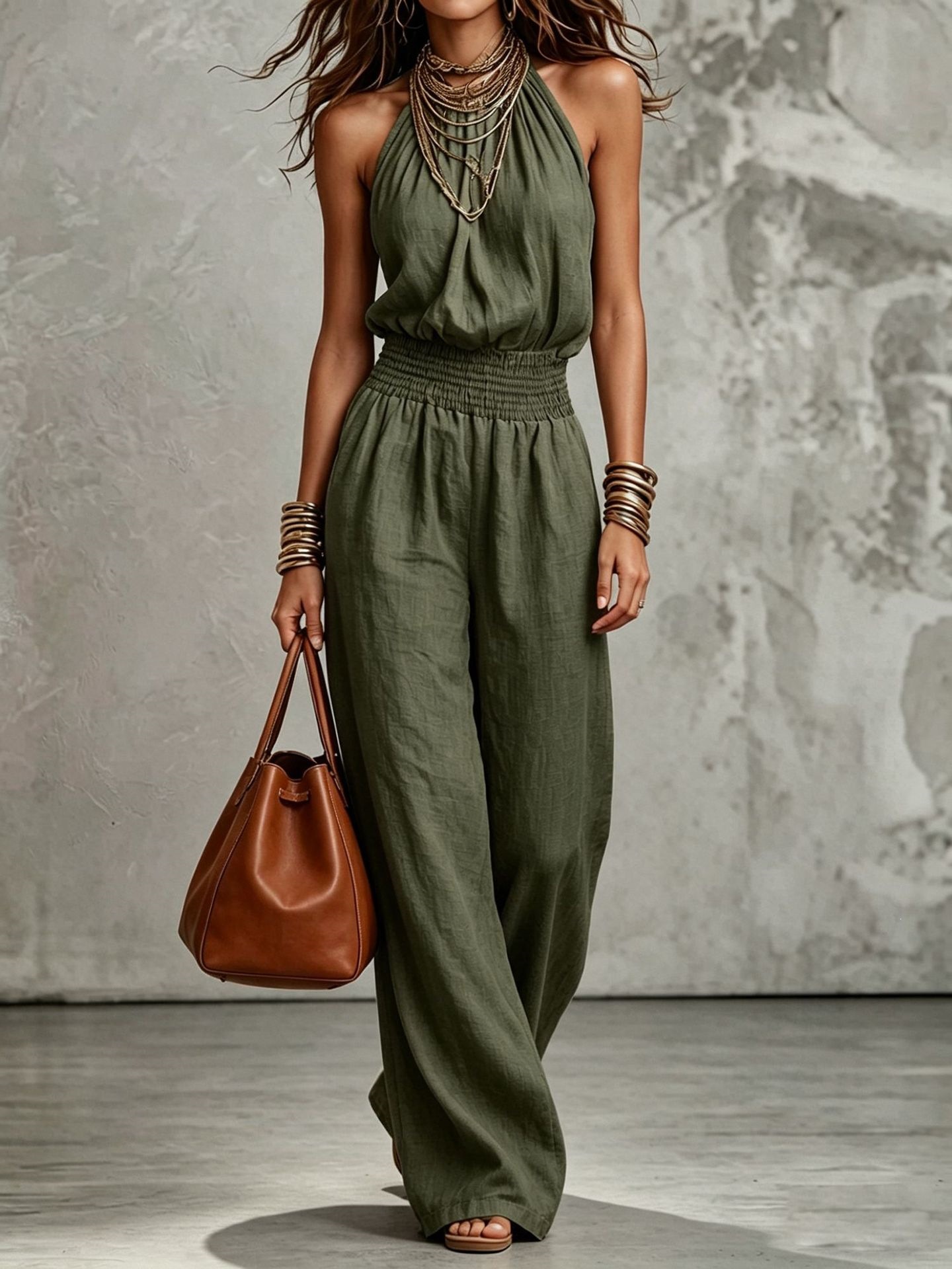 Women's lace-up cinched waist jumpsuit – close-up detail