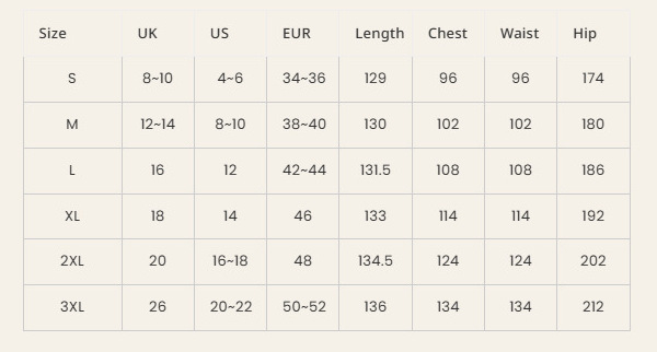 Size chart for Women's Split Floral Maxi Dress – S M L XL XXL measurements in inches
