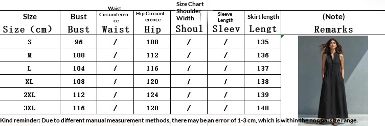 Size chart for Women's Stand-Collar Maxi Dress – S M L XL XXL 3XL measurements in inches