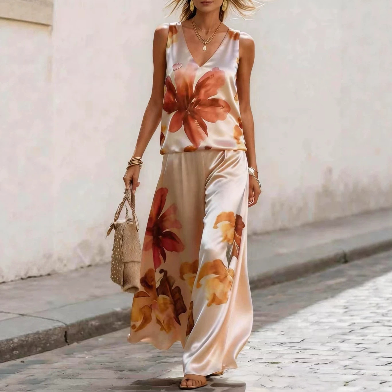 Women's Sleeveless Floral Vest & Pants Two-Piece Set – street fashion casual style