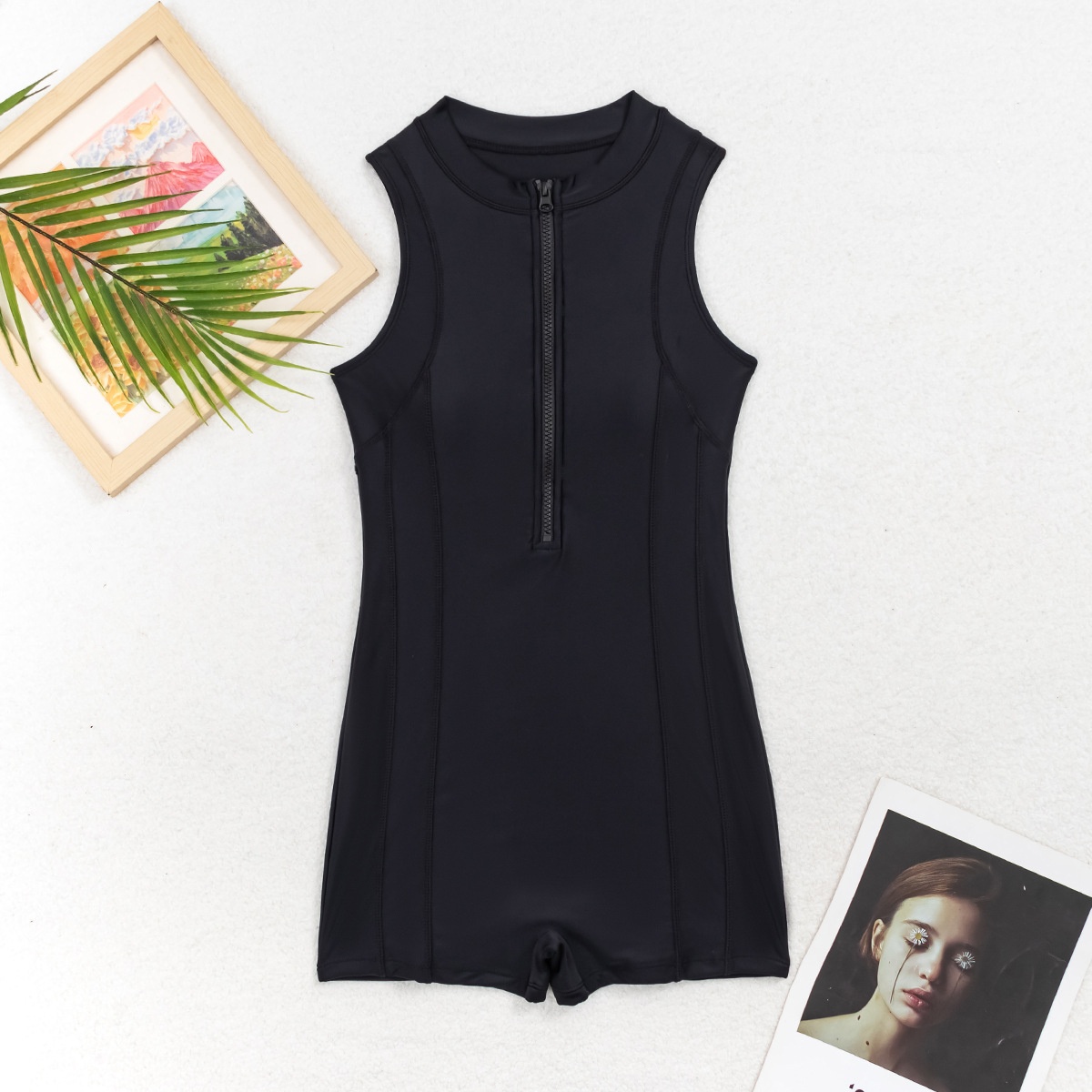 Women's Zip-Up Athletic Swimsuit – conservative high-waist one-piece nylon swimwear detail