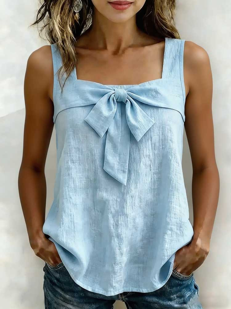 Women's Casual Square-Neck Sleeveless Tank Top in Yellow – wide-strap cotton linen mid-length