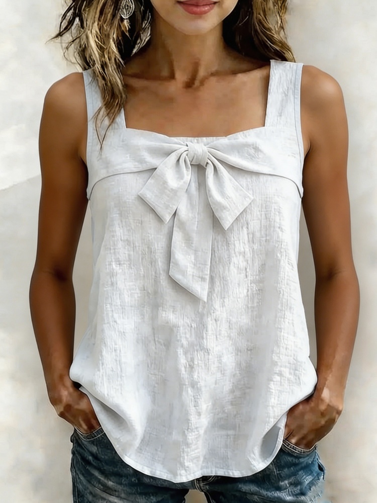Women's Square-Neck Wide-Strap Sleeveless Tank Top in Camel – cotton linen casual mid-length