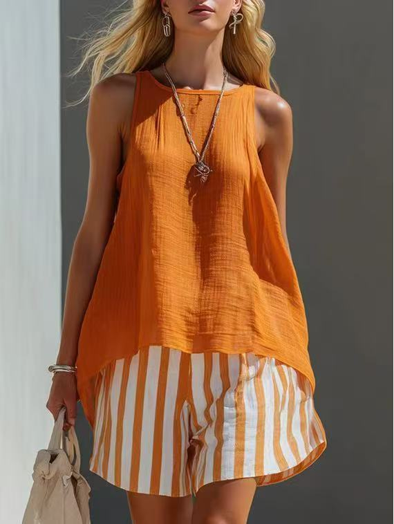 Women's Long-Sleeve Button-Up Shirt in Peach – V-neck loose-fit solid color cotton linen