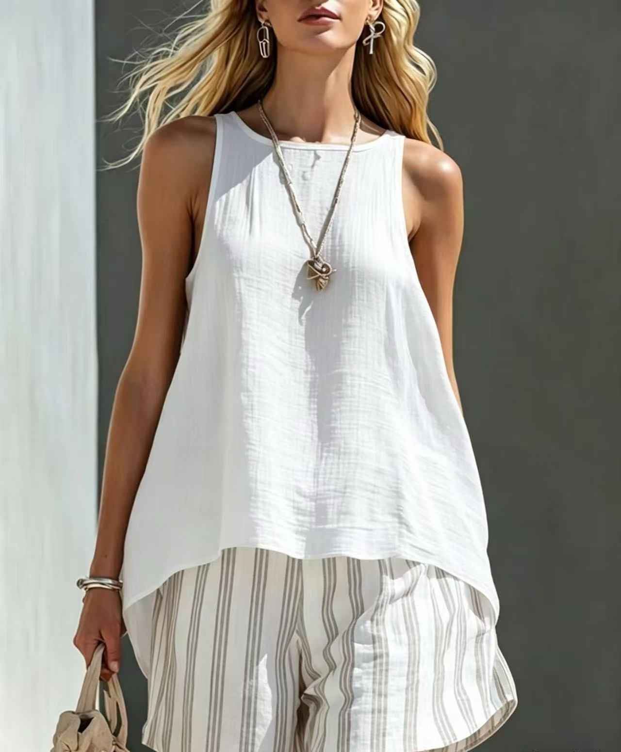 Women's V-Neck Loose-Fit Shirt in Sea Blue – long-sleeve button-up solid color cotton linen